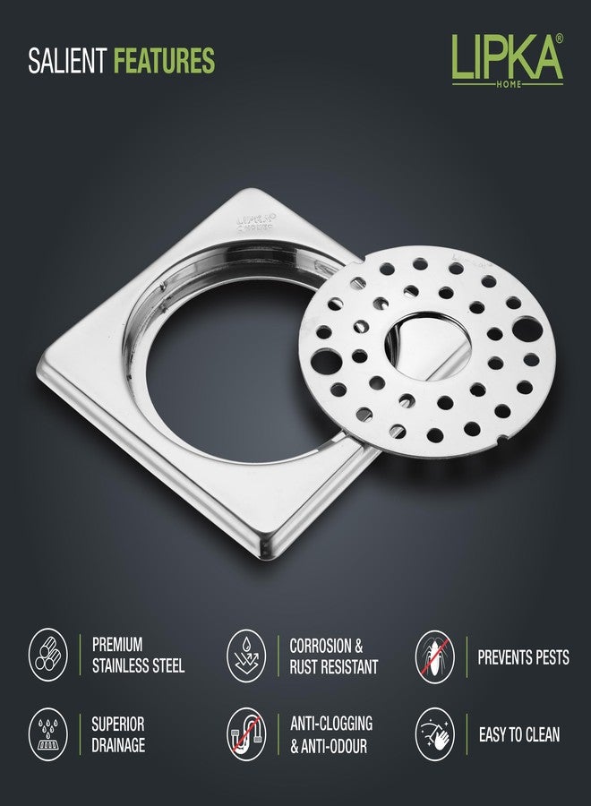 LIPKA Eon Square with Plain Jali Floor Drain |Premium Stainless Steel |5 x 5 Inches| with Lock & Hole| - Image 3